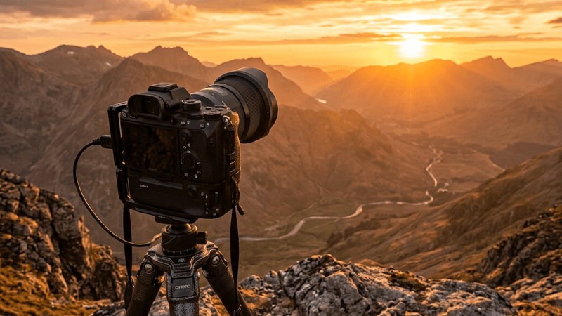 Professional camera on a tripod capturing a golden sunset landscape